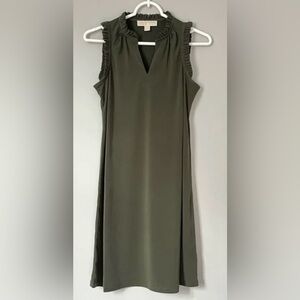 Michael Kors Olive Green Sleeveless Midi Dress with Ruffle Trim